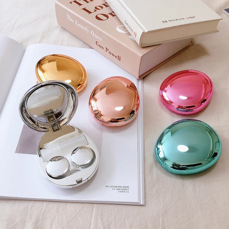 Ultra-thin mirror pebble contact lens case INS INS women's cosmetic contact box Travel elegant contact lens storage box