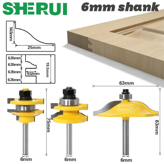 1-3PCS 6mm Shank Rail & Stile Router Bits-Matched Standard Ogee door knife Woodworking cutter Tenon Cutter for Woodworking Tools