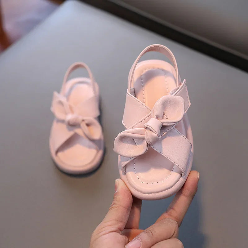 2024 Summer Girls' Sandals Soft Sole Children's Beach Shoes Kids Bow Solid Color Sandals for Vacation Wear-resistant Dirt-proof