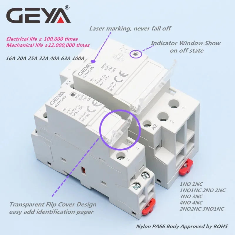 GEYA Din Rail Mounted Household Modular AC Contactor for Smart Home House Hotel AC220V 2P 16A 20A 25A 2NC 2NO 1NO1NC 50/60Hz