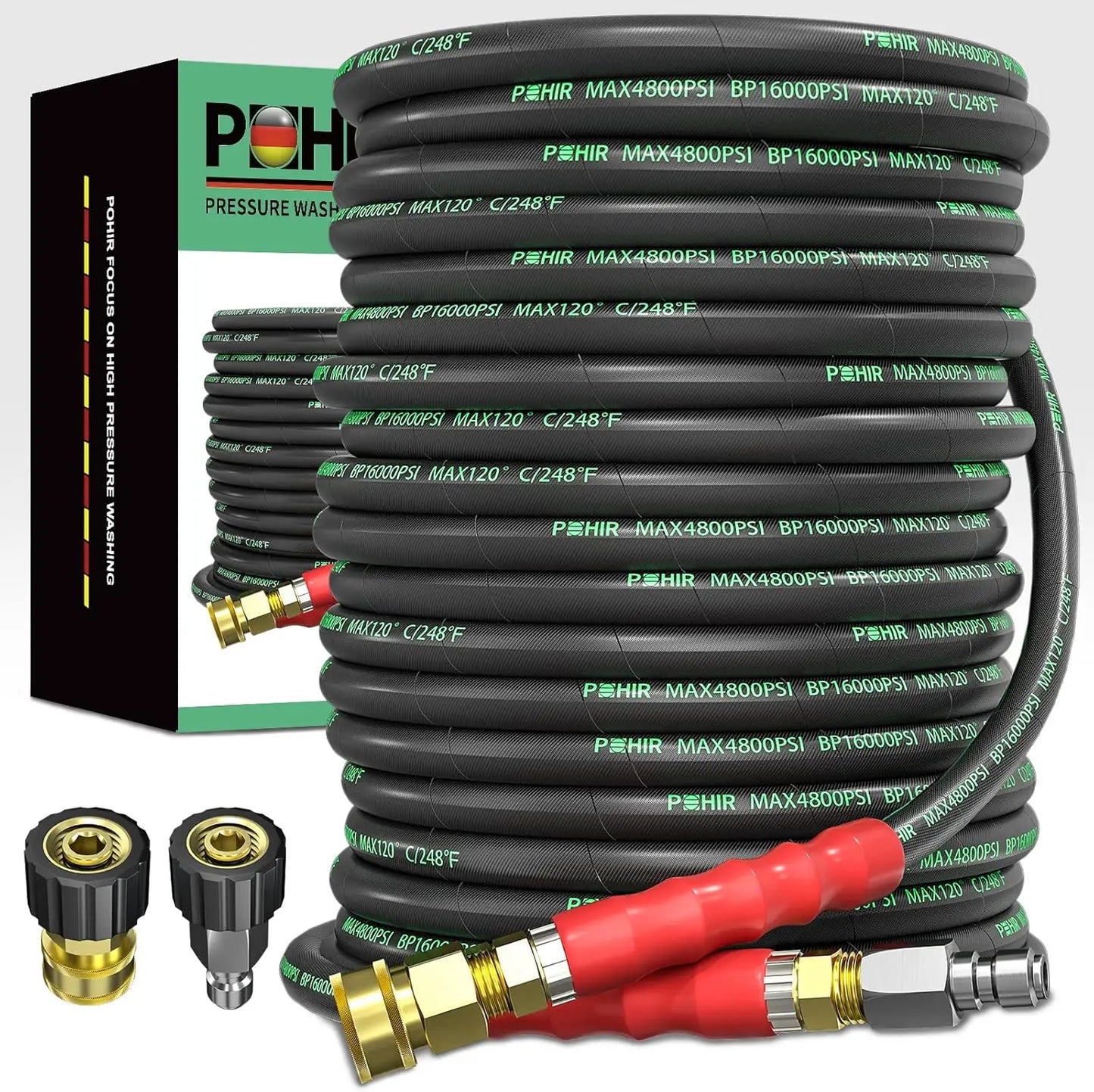 Pressure Washer Hose for Cold & Hot Water - 4800 PSI - Kink Resistant, Industrial-Grade Steel & Quick Connect | 100 ft