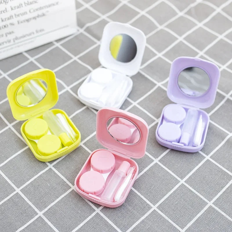 Women Mini Candy Color Contact Lens Case Beauty Contact Lens Container Girls Travel Holder Storage Eye Container with Mirror