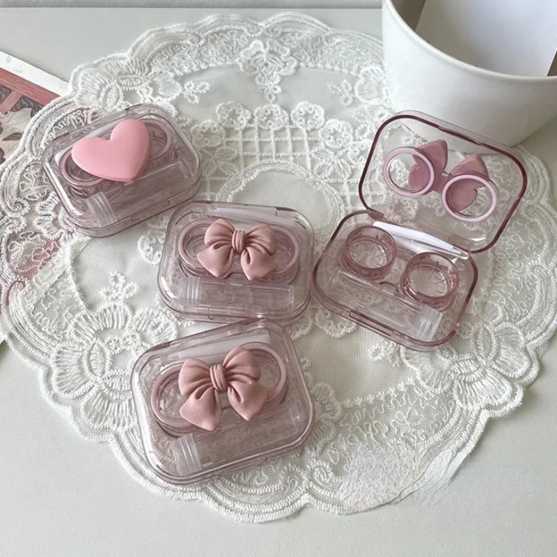 Contact Lens Cases Pink Transparent Love Bow Contact Lens Case Girl Portable Beauty Pupil Box Storage Eye Care Container Box