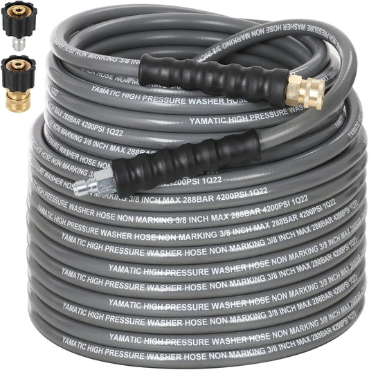 Non Marking 3/8" 4200 PSI Pressure Washer Hose 100 FT for Hot/Cold Water Rubber Wire Braided Kink Resistant Swivel