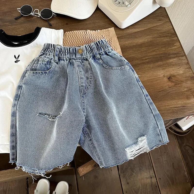 Boys' Ripped Jeans Summer 2023 New Korean Style Boy Girl Baby Fashionable Pants Children's Shorts