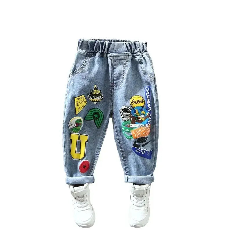 Children's Jeans Trousers Spring and Autumn Pants Boys' Stretch Pant 2023 New Boys' Baby Loose Print Feet Pants