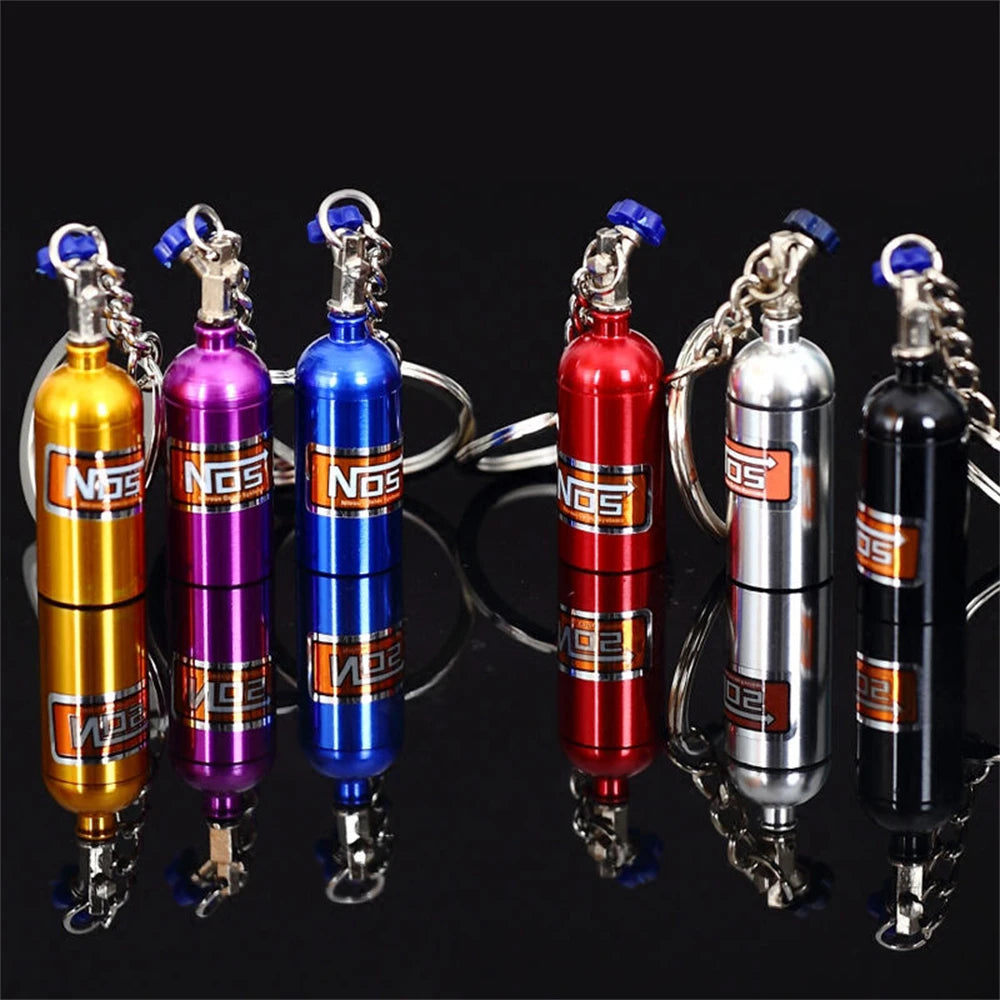 Creative NOS Turbo Nitrogen Bottle Keychain Mini Metal Auto Pendant Keyfob Vehicle Keyrings Car Motorcycle Accessory Key Holder