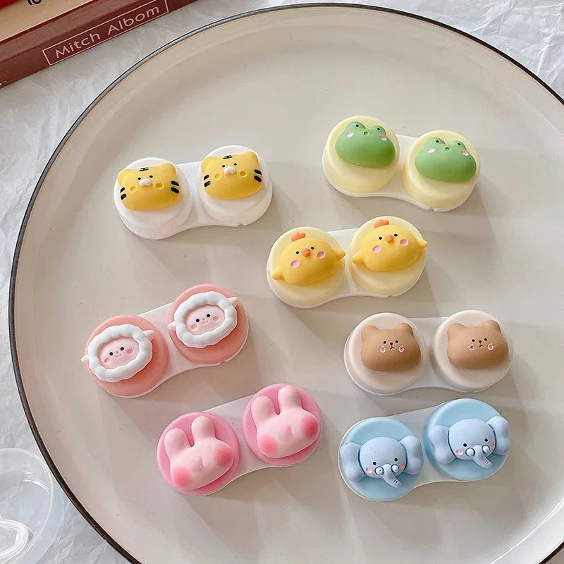 Women Contact Lense Kit Holder Container Cute Bear Frog Animal Love Contact Lens Case for Travel Party with Lenses Tweezers Gift