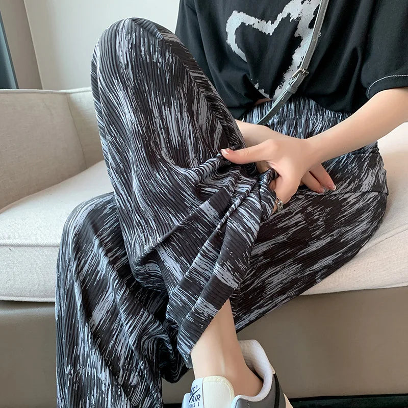 2024 Women Tie-dye Printed Pants Spring Summer Elastic Waist Stright Long Wide leg pants Casual Female Loose Pants Trousers