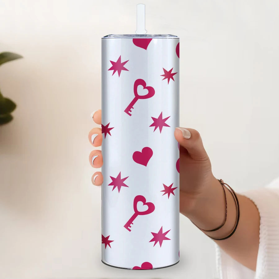 1Pc Party Valentine's Day Tumbler Straw Lid 20oz Hot Cold Insulated Water Bottle Print 3D Heart Lock & key Festive Gift For Wife