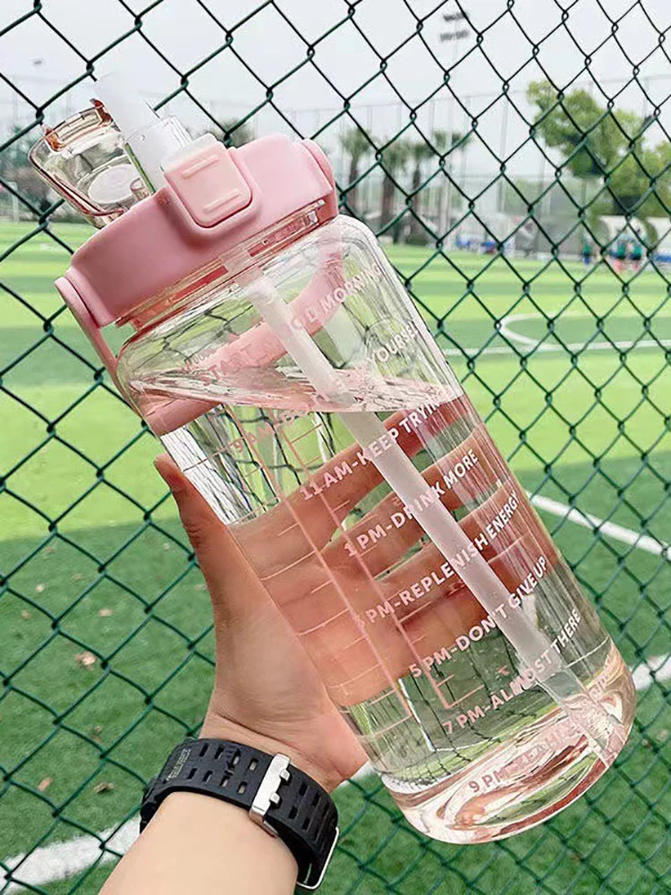 2 Liter Water Bottle With Straw Female Jug Girls Portable Travel Bottles Fitness Bike Cup Summer Cold Water Jug With Time Marker