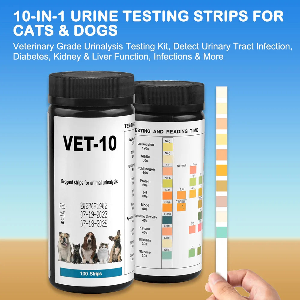 10-Parameter Cat & Dog Urine Test Strips 100ct, Cat & Dog UTI Test Kit, Urinalysis Reagent Strips: Glucose, Specific Gravity, pH