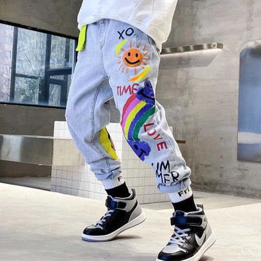 Spring Autumn Baby Boys Pants Kids Jeans Child Girl Cartoon Print Denim Trousers Children's Jeans 2 3 4 5 6 7 8 9 10 11 12 Years