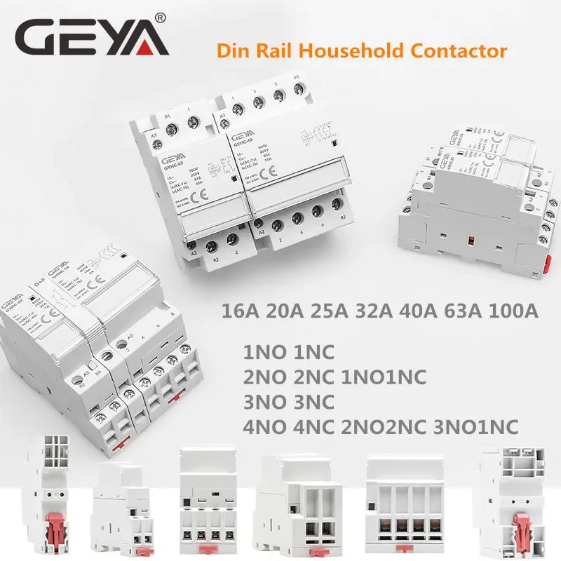 GEYA Din Rail Mounted Household Modular AC Contactor for Smart Home House Hotel AC220V 2P 16A 20A 25A 2NC 2NO 1NO1NC 50/60Hz