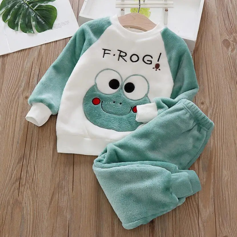 Soft Flannel Leisure Suit For Girls Thick Fleece Pullover Sweater Baby Boys Pants Family Outfit Warm Winter Clothing 2Pcs Set