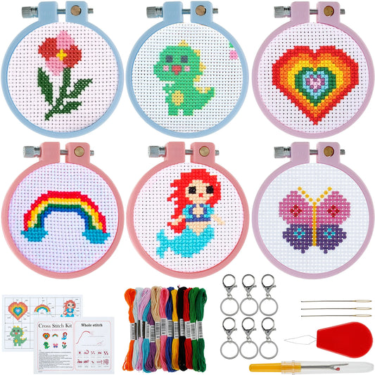 6Pcs Embroidery Beginner Kits DIY Cross Stitch Set Embroidery Starter Kit Portable Needles Remover Threading Tool With Hoop Kids