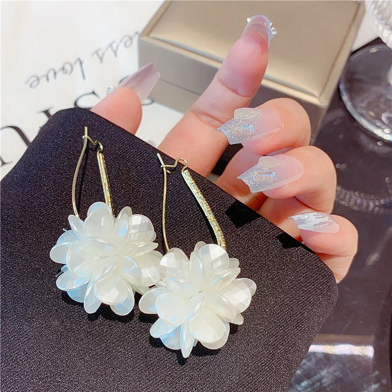 Summer Long Flower Earrings Hand-made Pearl Beaded Korean Fashion Shiny Earrings Sweet Jewelry Gifts Wholesale