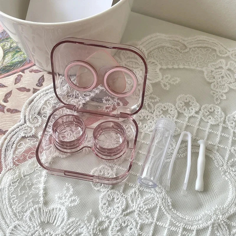 Contact Lens Cases Pink Transparent Love Bow Contact Lens Case Girl Portable Beauty Pupil Box Storage Eye Care Container Box