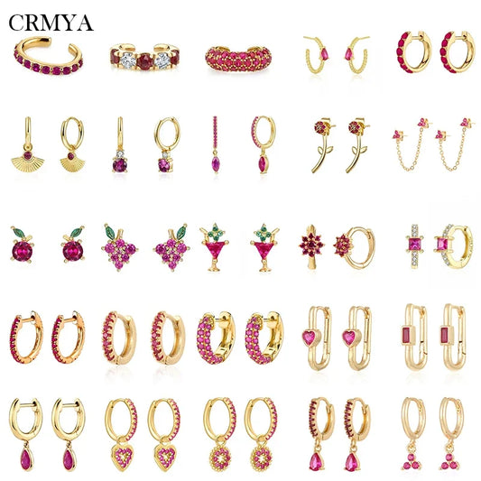 CRMYA Red Zircon Drop Earrings For Women Gold Plated Women's Wedding Ear Cuffs Hoop Stud Earrings 2022 Jewelry Wholesale