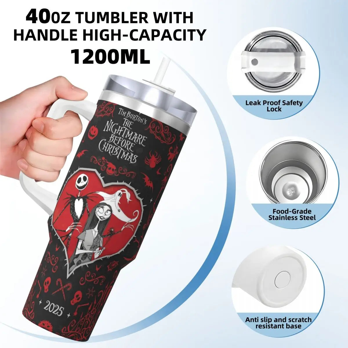 Nightmare Before Christmas 2025 Stainless Steel Tumbler Beach Mugs Cup 40oz Thermal Mug Portable Cold and Hot Milk Water Bottle