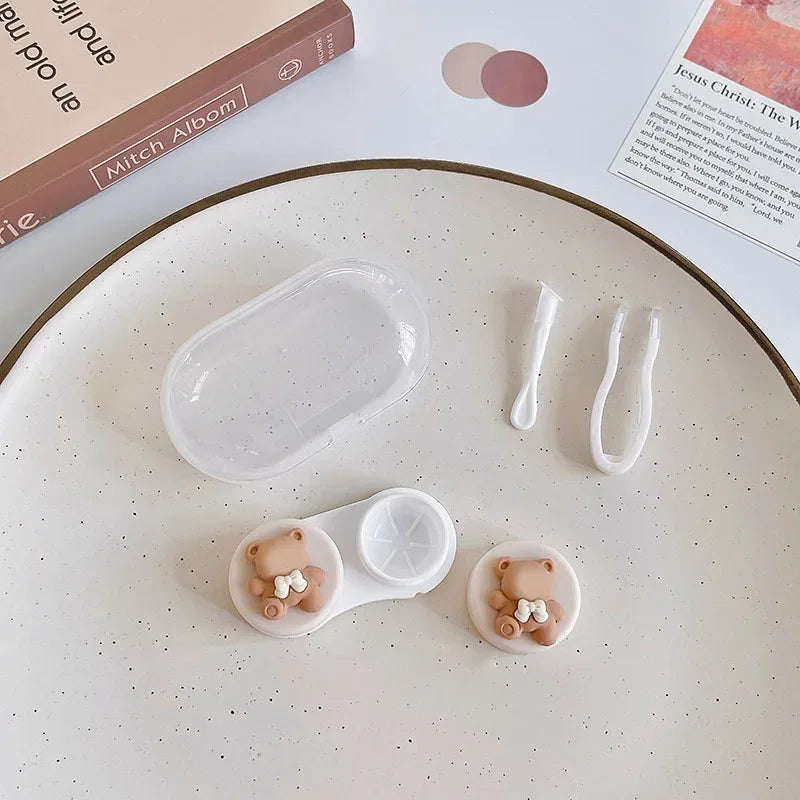 Cute Floral Bear Contact Lens Case with Tweezers Suction Stick Set Portable Travel Kit Container Contact Lens Box for Women Men