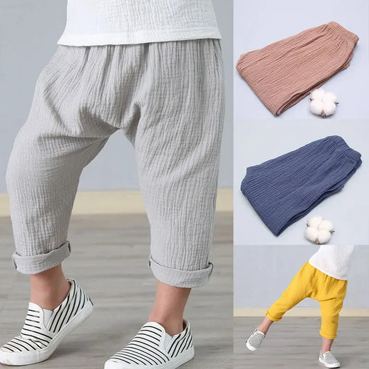 Kids Pants Boy Girl Summer Solid Color Linen Pleated Trousers Children Ankle-length Pants for Baby Boys Pants Casual Harem Pants