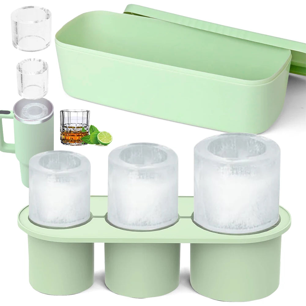 3-Grid Ice Cube Tray For Stanley 30/40 Oz Tumbler Cups Reusable Cylinder Silicone Ice Cube Molds With Lid For Drink Juice Coffee