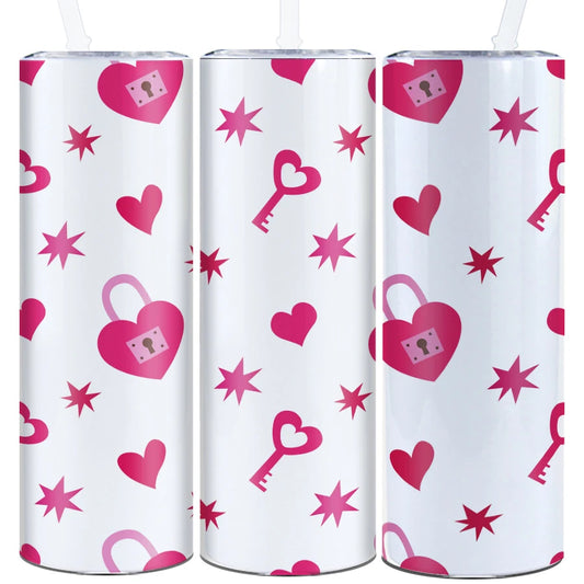 1Pc Party Valentine's Day Tumbler Straw Lid 20oz Hot Cold Insulated Water Bottle Print 3D Heart Lock & key Festive Gift For Wife