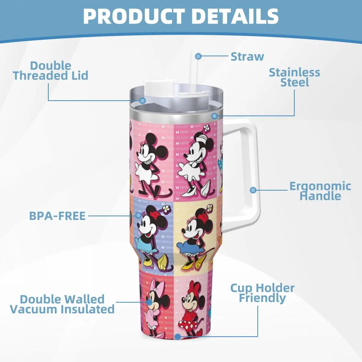 Mickey Mouse Stainless Steel Tumbler Beach Mugs Cup Large Capacity Thermal Cups Leakproof Cold and Hot Milk Tea Water Bottle