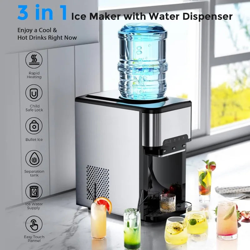 Ice Maker Machine Countertop, 3 in 1 Portable Ice Maker with Hot/Cold Water Dispenser, 12 Cubes in 7 Mins Stainless Steel Nugget