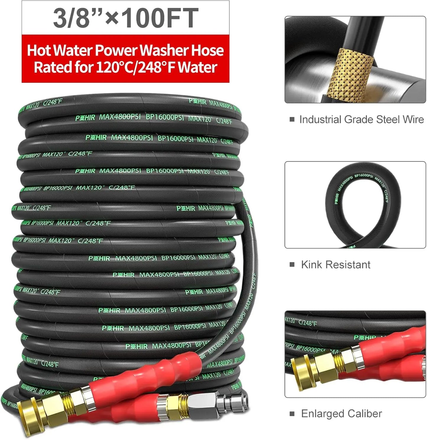 Pressure Washer Hose for Cold & Hot Water - 4800 PSI - Kink Resistant, Industrial-Grade Steel & Quick Connect | 100 ft