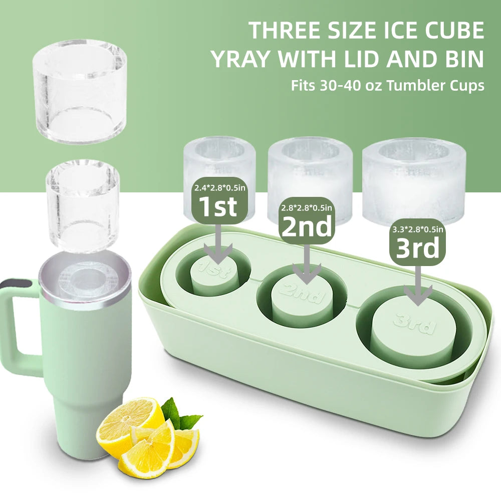 3-Grid Ice Cube Tray For Stanley 30/40 Oz Tumbler Cups Reusable Cylinder Silicone Ice Cube Molds With Lid For Drink Juice Coffee