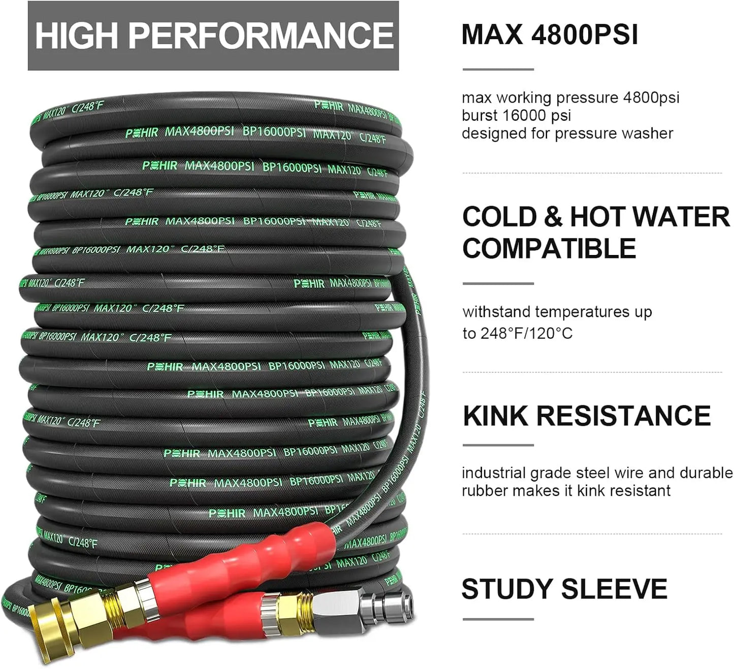 Pressure Washer Hose for Cold & Hot Water - 4800 PSI - Kink Resistant, Industrial-Grade Steel & Quick Connect | 100 ft