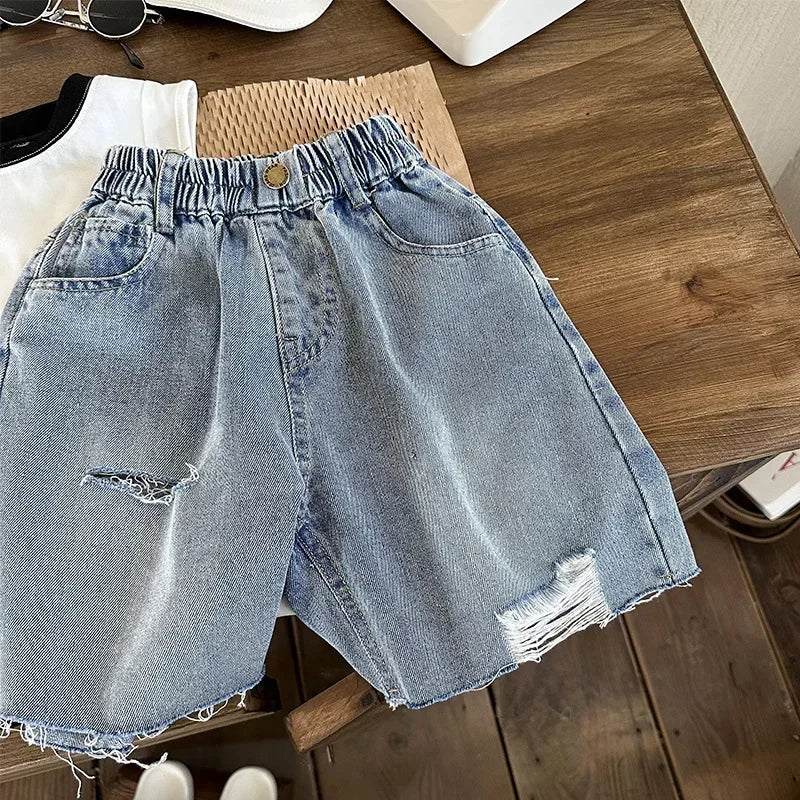 Boys' Ripped Jeans Summer 2023 New Korean Style Boy Girl Baby Fashionable Pants Children's Shorts