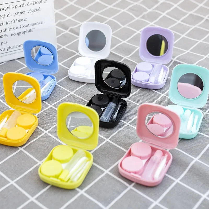 Women Mini Candy Color Contact Lens Case Beauty Contact Lens Container Girls Travel Holder Storage Eye Container with Mirror