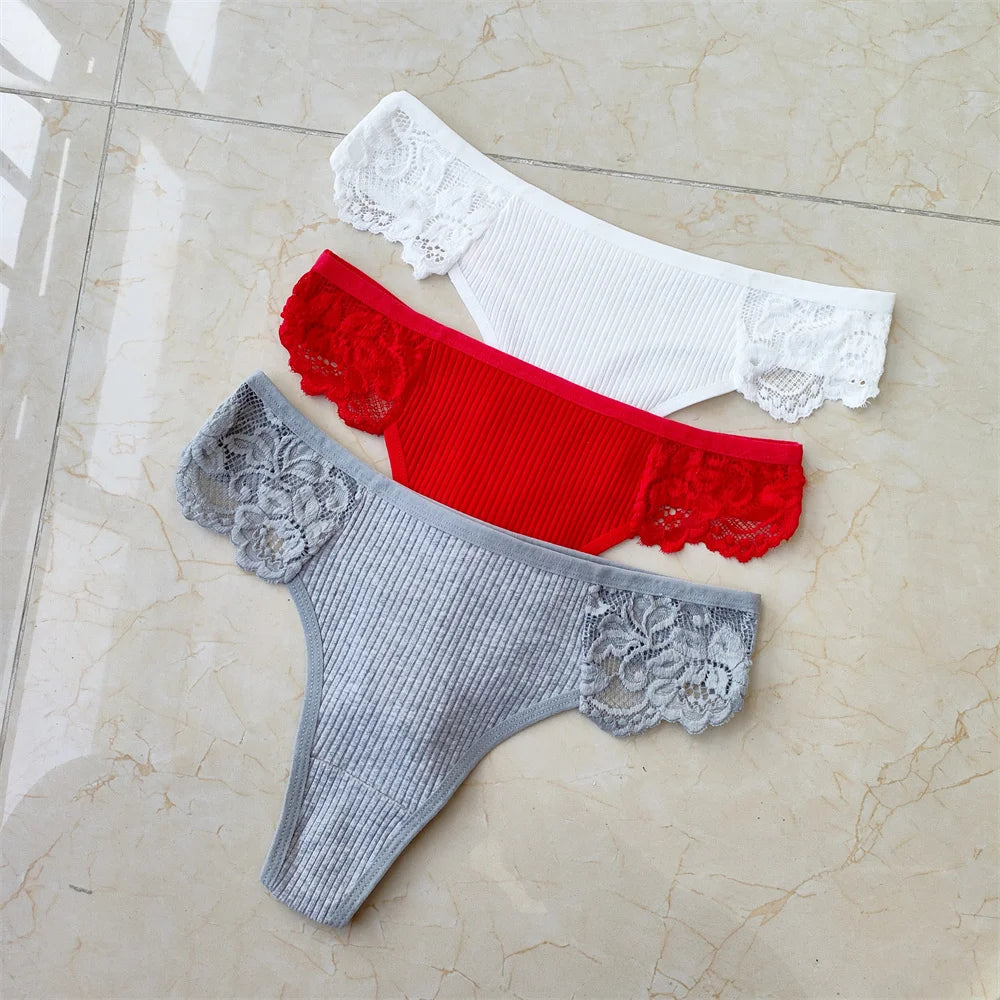 3Pcs/Set Women Thread Cotton Lace Thong Panties Pack Sports Ladies Seamless G Strings Cozy Lingerie Tanga Panty