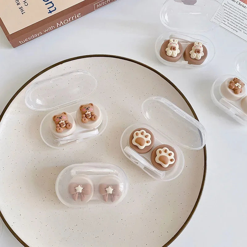 Cute Floral Bear Contact Lens Case with Tweezers Suction Stick Set Portable Travel Kit Container Contact Lens Box for Women Men