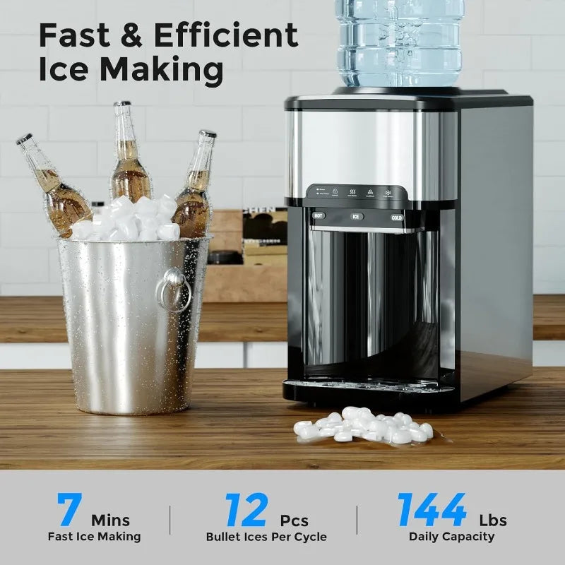 Ice Maker Machine Countertop, 3 in 1 Portable Ice Maker with Hot/Cold Water Dispenser, 12 Cubes in 7 Mins Stainless Steel Nugget