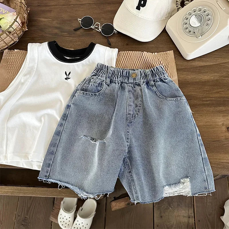 Boys' Ripped Jeans Summer 2023 New Korean Style Boy Girl Baby Fashionable Pants Children's Shorts