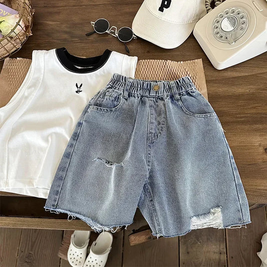 Boys' Ripped Jeans Summer 2023 New Korean Style Boy Girl Baby Fashionable Pants Children's Shorts