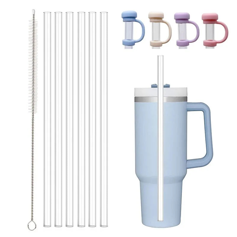 Reusable Straw with Cleaning Brush for 20oz/30oz/40oz Stanley Cup, Silicone Clear Straw, Water Bottle Accessories with Straw Cap