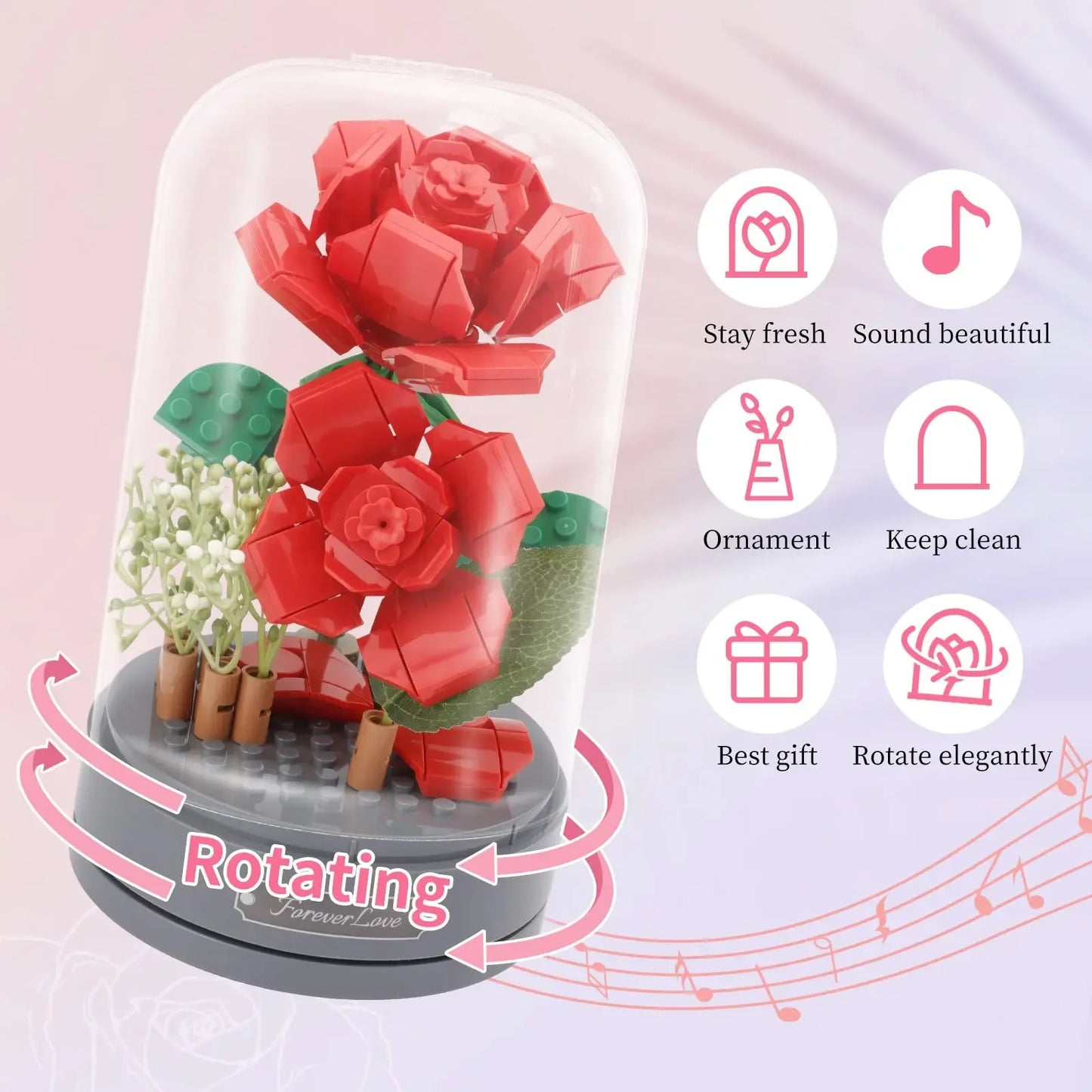 Creative Immortal Flower Music Box Rose Bouquet,City MOC Flower Arrangement Assembly Toys For Girlfriend Gifts Building Block