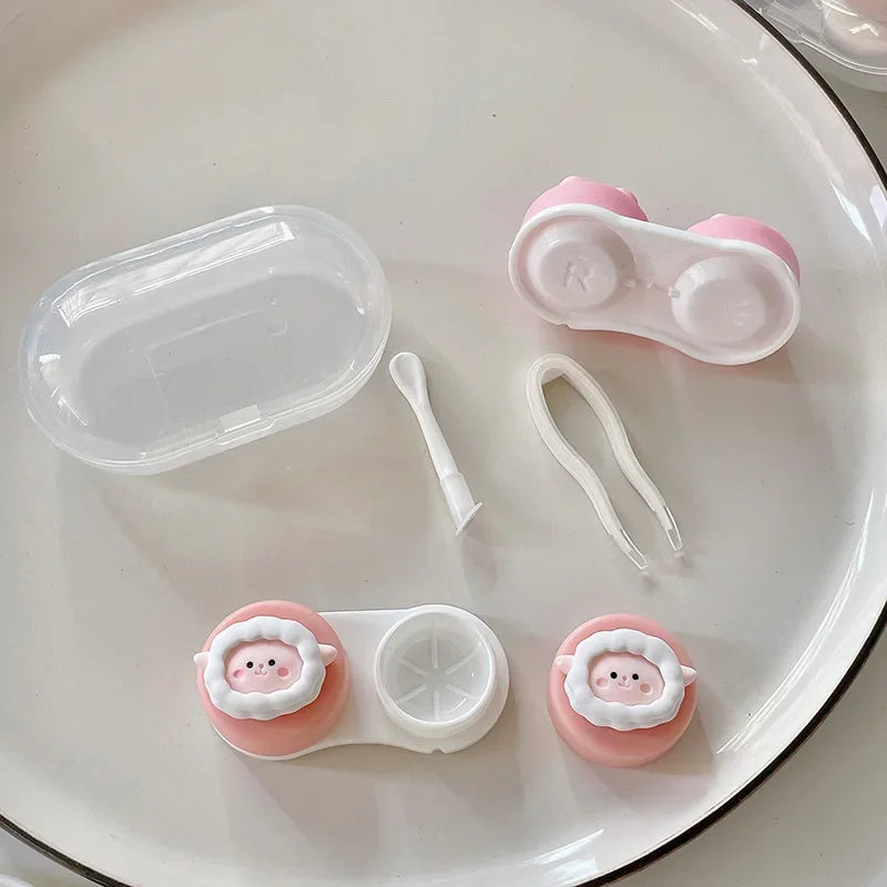 Women Contact Lense Kit Holder Container Cute Bear Frog Animal Love Contact Lens Case for Travel Party with Lenses Tweezers Gift