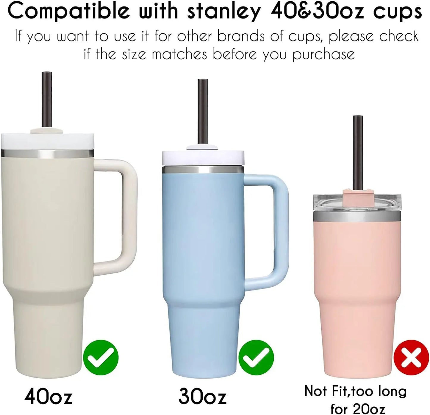 10PCS Reusable Black Straws For Stanley 40/30 oz Tumbler, Eco-friendly 12in Replacement PP Drinking straw Stanley accessories