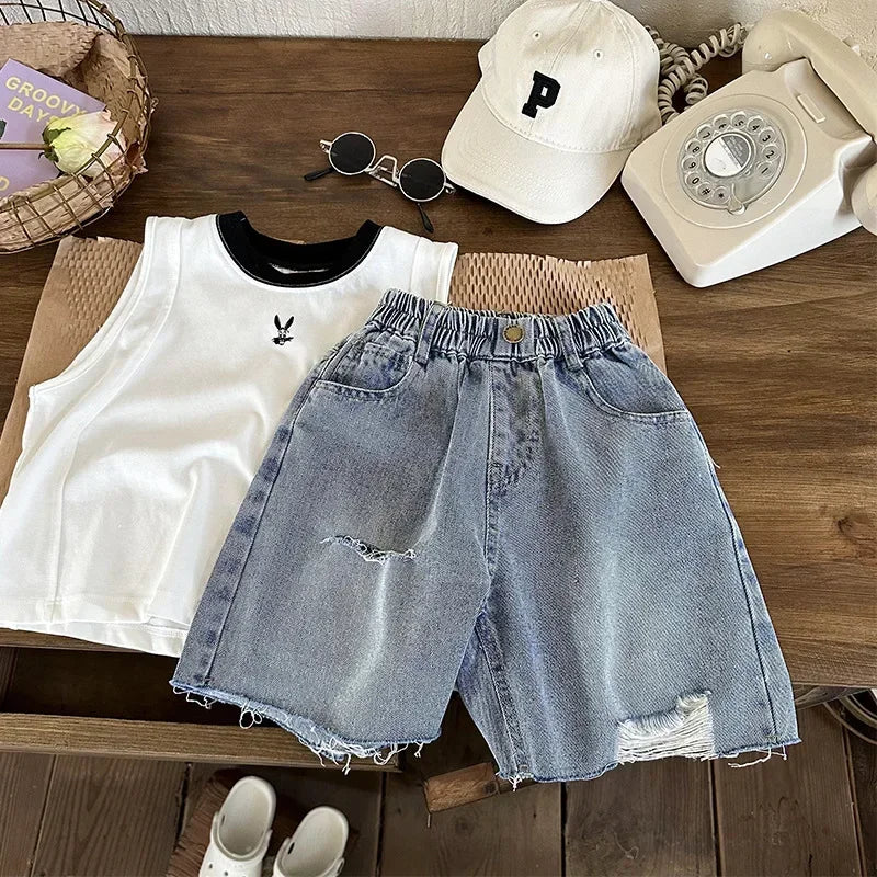 Boys' Ripped Jeans Summer 2023 New Korean Style Boy Girl Baby Fashionable Pants Children's Shorts