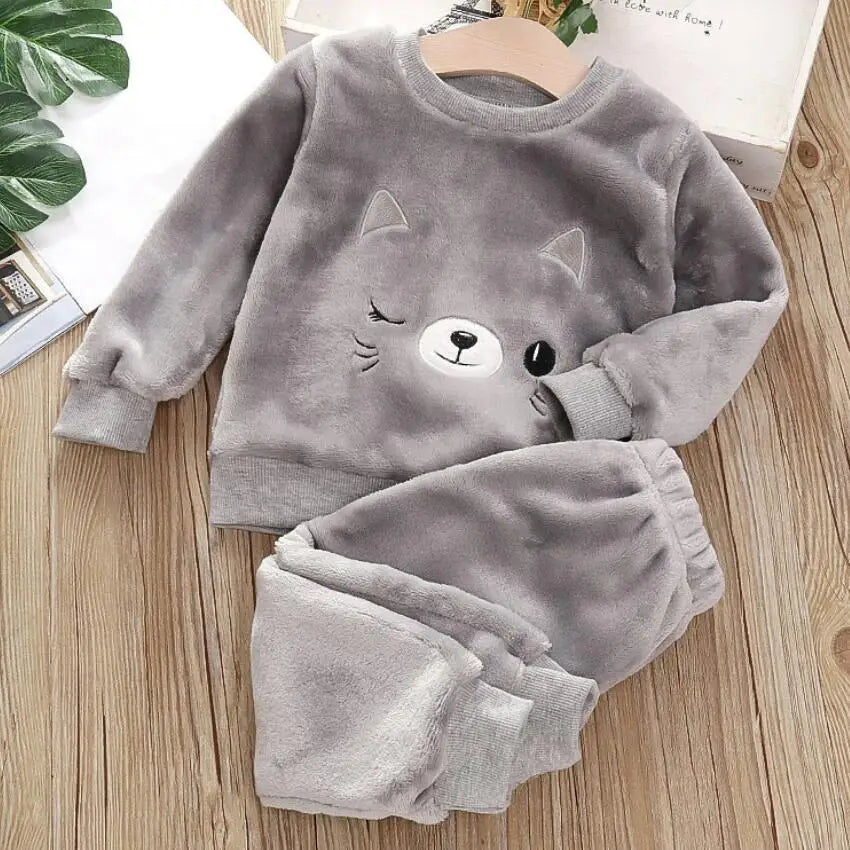 Soft Flannel Leisure Suit For Girls Thick Fleece Pullover Sweater Baby Boys Pants Family Outfit Warm Winter Clothing 2Pcs Set