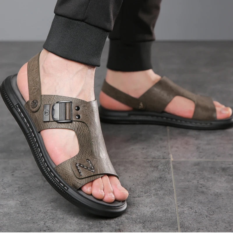 Mens Sandals Summer Soft-soled Leather Sandals Thick-soled Beach Shoes Non-slip Slippers Mens Outdoor Casual Lightweight Sandals