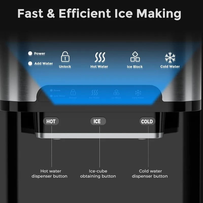 Ice Maker Machine Countertop, 3 in 1 Portable Ice Maker with Hot/Cold Water Dispenser, 12 Cubes in 7 Mins Stainless Steel Nugget