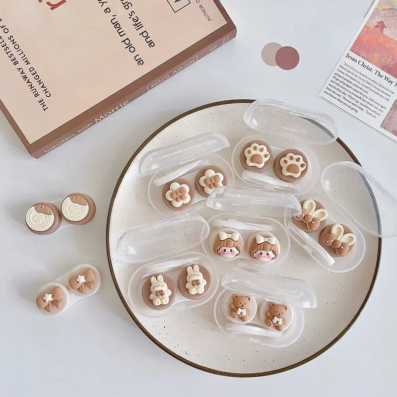 Cute Floral Bear Contact Lens Case with Tweezers Suction Stick Set Portable Travel Kit Container Contact Lens Box for Women Men