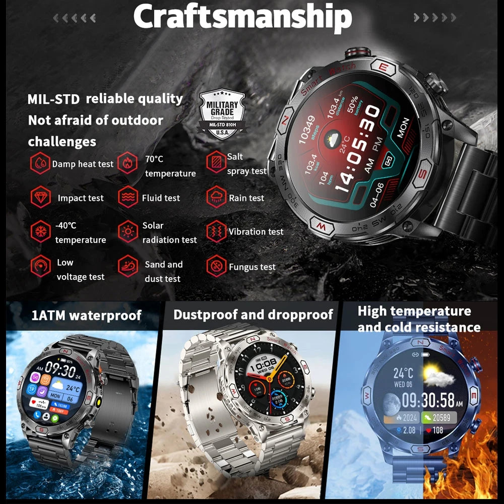 LED Flashlight Smartwatch Men 450mAh Large Battery Health Monitoring IP68 Waterproof Bluetooth Call Smart Watch Men 2024 New